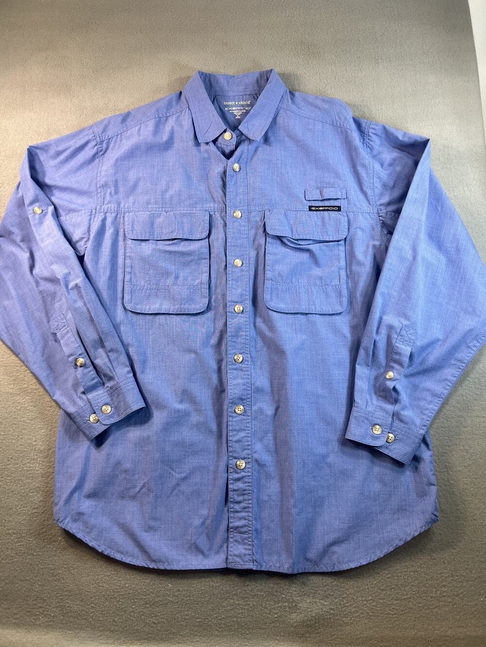 Men's EXOFFICIO Insect Shield Blue Long Sleeve Fishing Shirt Size XL